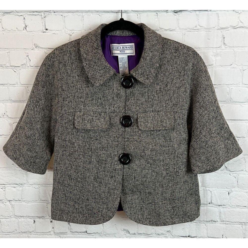 JESSICA HOWARD gray 1/2 sleeve button collared jacket blazer size 4 Petite
